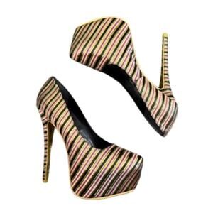 Alba Stripped Platform Stiletto Heels in Black/Gold/Purple, Size 9​​